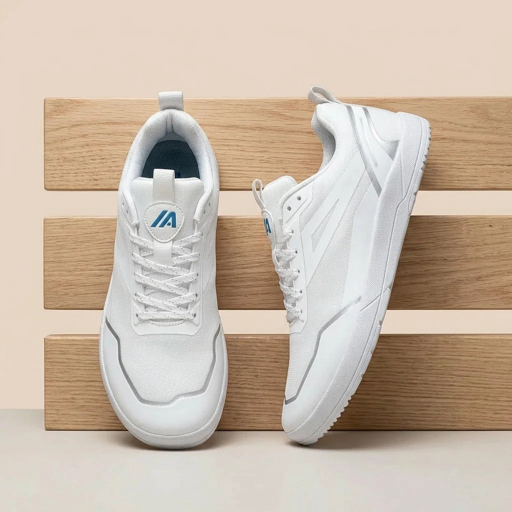 Alvidon AeroKnit Weiß – Barfußschuhe, Ansicht der flachen Zero-Drop-Sohle, für Damen und Herren