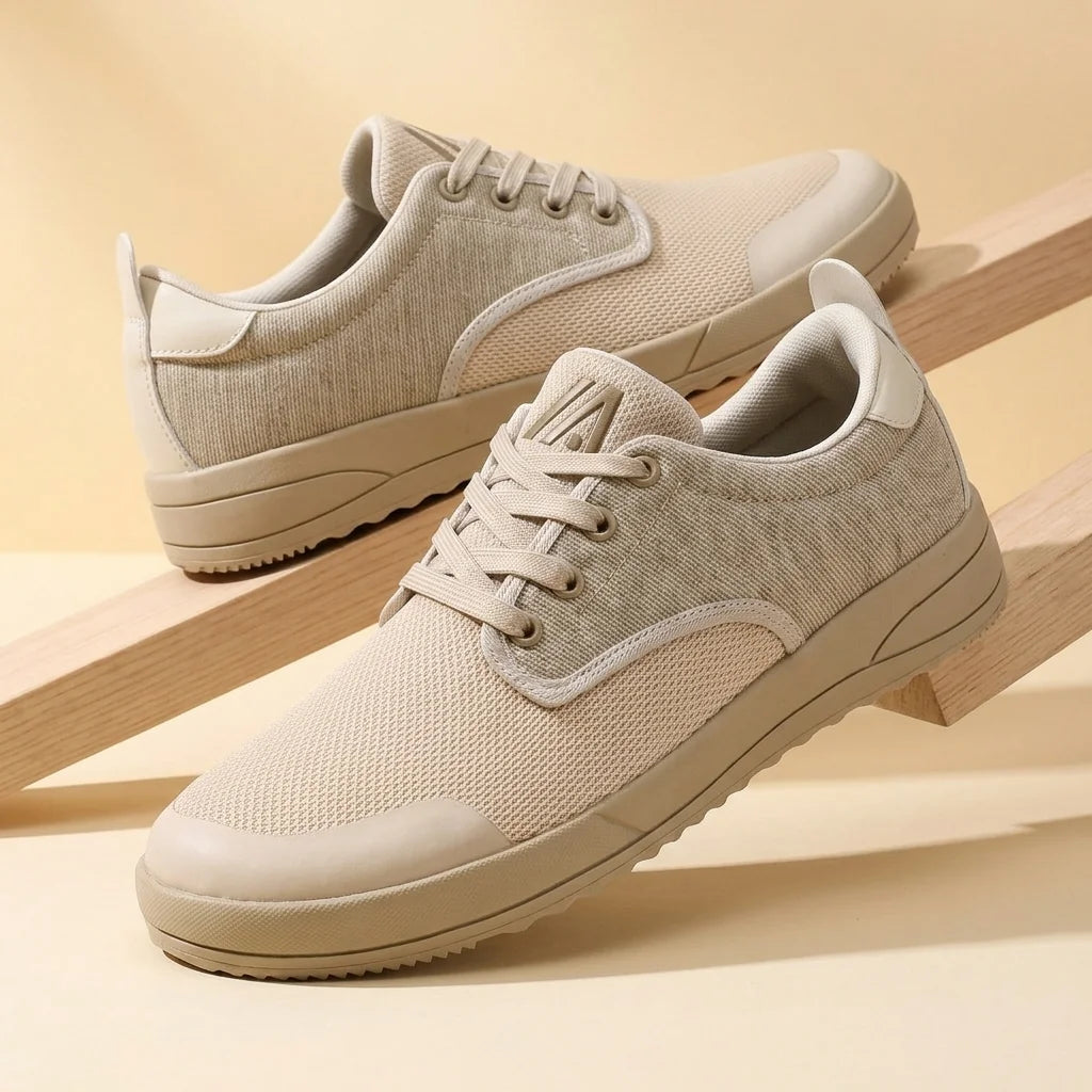 Alvidon CivicoStep Beige – Barfußschuhe, Detailaufnahme des gestickten Alvidon-Logos, für Damen und Herren