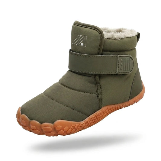 Alvidon FellStep Olivgrün – Barfußschuhe Kinder, Seitenansicht im Studio, für Damen und Herren