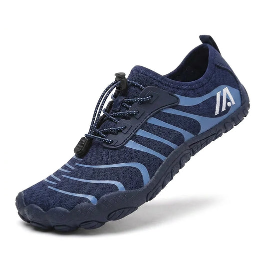 Alvidon FlussStep Marineblau – Wasser- und Flussschuhe, Seitenansicht mit gesticktem Alvidon-Logo, Barfußschuhe für Damen und Herren
