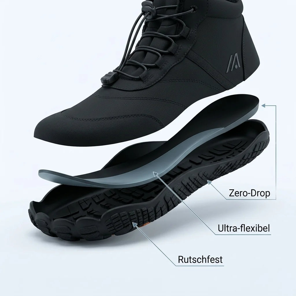 Alvidon FreiWeg Braun – Barfußschuhe, Infografik zu Passform und Eigenschaften, für Damen und Herren