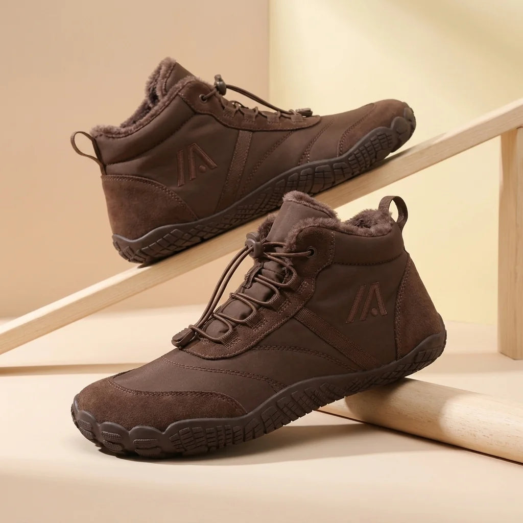 Alvidon FreiWeg Braun – Barfußschuhe, Detailaufnahme des gestickten Alvidon-Logos, für Damen und Herren
