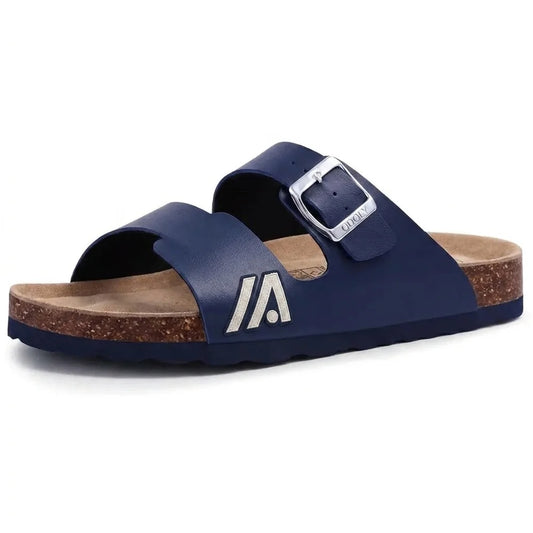 Alvidon KorkStep Blau – Barfußsandalen, Seitenansicht im Studio, für Damen und Herren