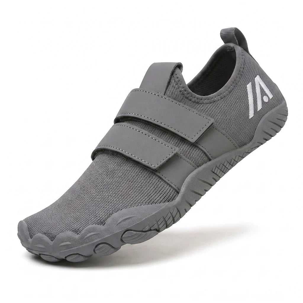 Alvidon LiftPur Grau – Schuhe für Krafttraining, Seitenansicht mit gesticktem Alvidon-Logo, Barfußschuhe für Damen und Herren