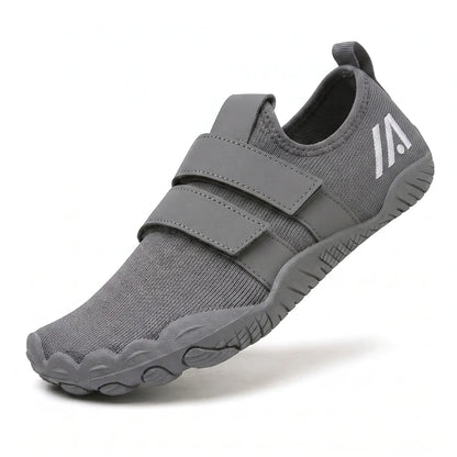 Alvidon LiftPur Grau – Schuhe für Krafttraining, Seitenansicht mit gesticktem Alvidon-Logo, Barfußschuhe für Damen und Herren
