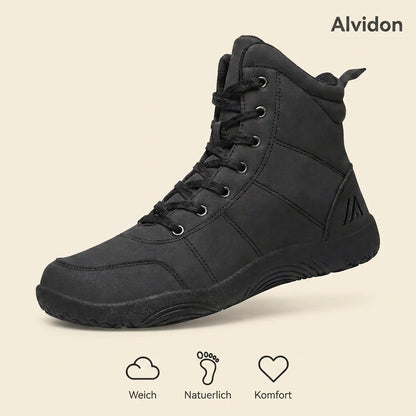 Alvidon MonteLite Schwarz – Barfußschuhe, Infografik zu Passform und Eigenschaften, für Damen und Herren