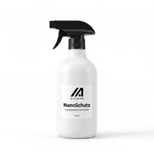 Alvidon NanoSchutz – Imprägnierspray für Schuhe, Produktansicht, Zubehör für Barfußschuhe