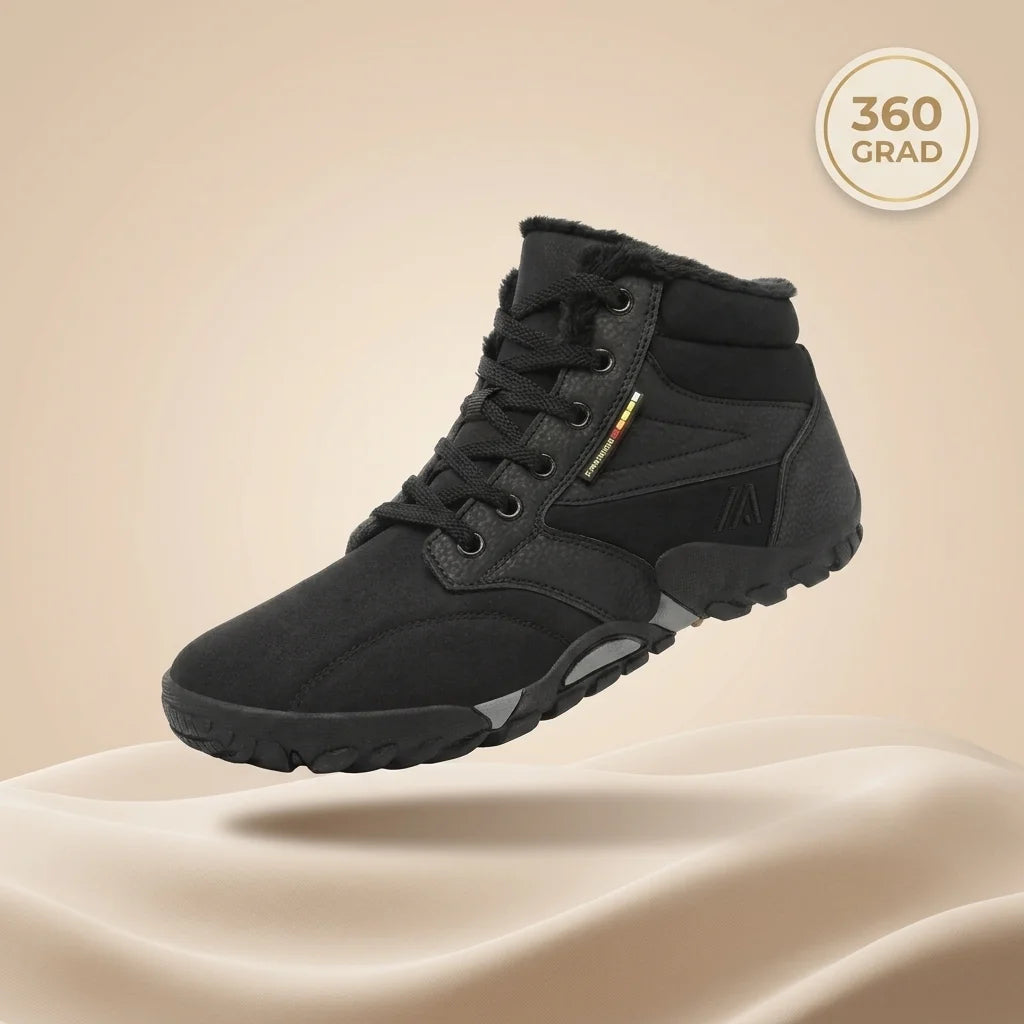 Alvidon NordicFlex Schwarz – Barfußschuhe, Infografik zu Passform und Eigenschaften, für Damen und Herren