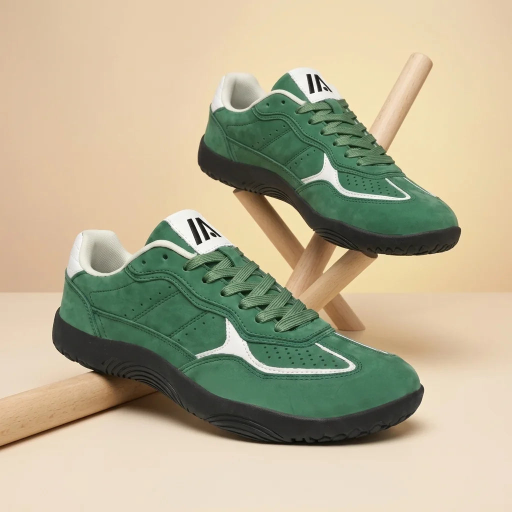Alvidon PrimaVera Grün – Barfußschuhe, Detailaufnahme des gestickten Alvidon-Logos, für Damen und Herren