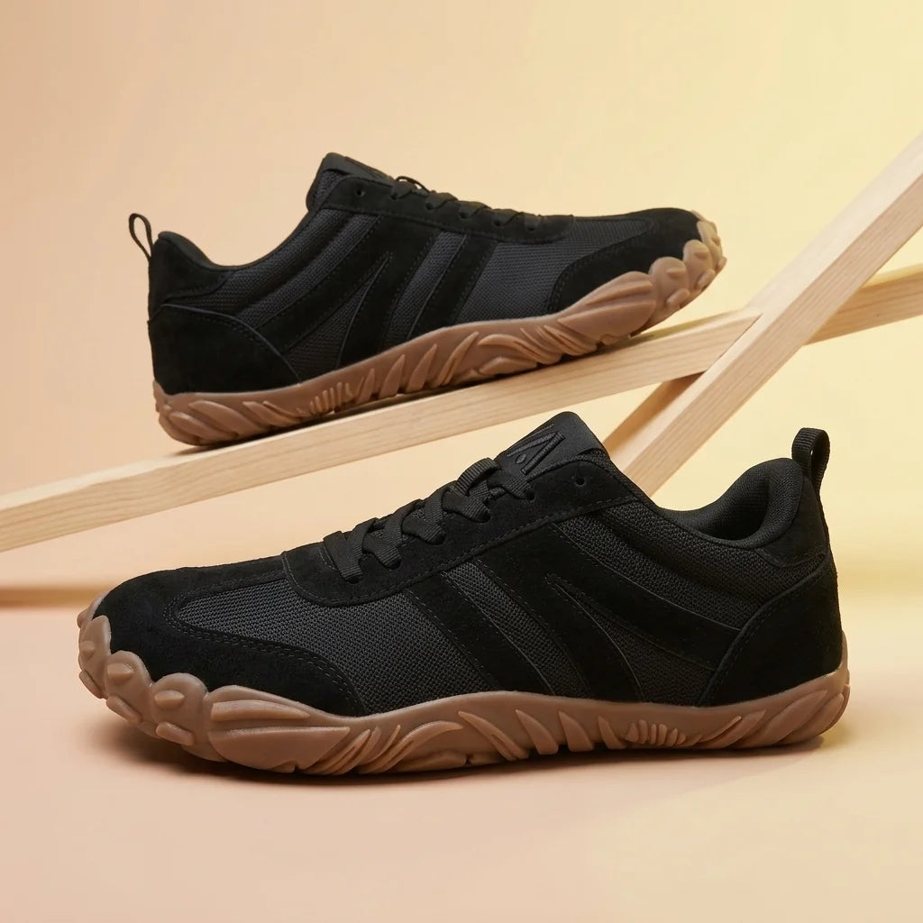 Alvidon RetroStride Dunkelgrau – Barfußschuhe, Detailaufnahme des gestickten Alvidon-Logos, für Damen und Herren