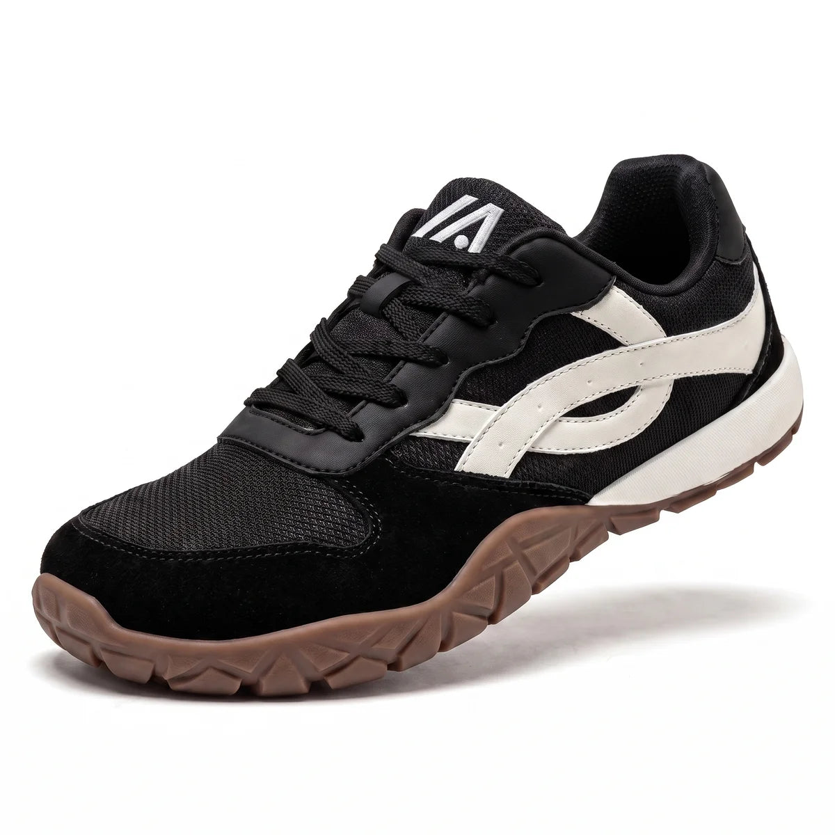 Alvidon RetroWeit Schwarz – Barfußschuhe im Retro-Trail-Look, Seitenansicht mit gesticktem Alvidon-Logo, Barfußschuhe für Damen und Herren