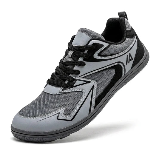 Alvidon RoadPur Grau – Barfußschuhe für Straße und Alltag, Seitenansicht mit gesticktem Alvidon-Logo, Barfußschuhe für Damen und Herren