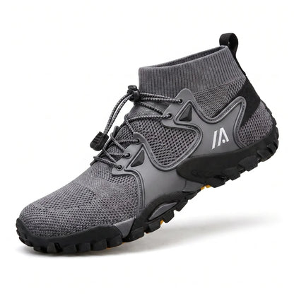 Alvidon RockStep Grau – Trail- und Wanderschuhe, Seitenansicht mit gesticktem Alvidon-Logo, Barfußschuhe für Damen und Herren