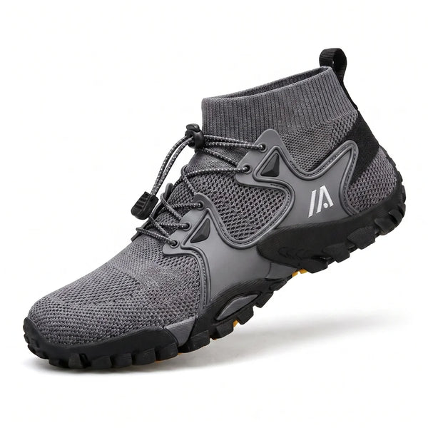 Alvidon RockStep Grau – Trail- und Wanderschuhe, Seitenansicht mit gesticktem Alvidon-Logo, Barfußschuhe für Damen und Herren