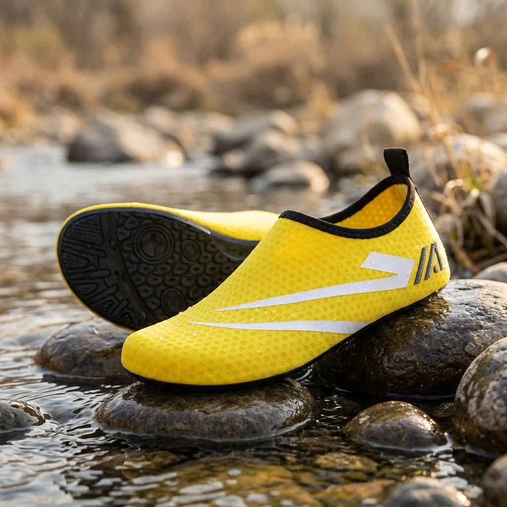 Alvidon SockFlex Gelb – Wasserschuhe aus Mesh, auf nassen Flusssteinen am Wasser, Barfußschuhe für Damen und Herren