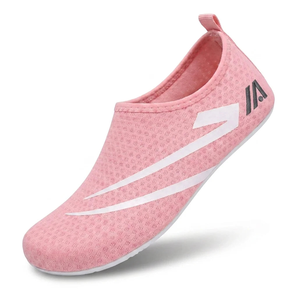 Alvidon SockFlex Rosa – Wasserschuhe aus Mesh, Seitenansicht mit gesticktem Alvidon-Logo, Barfußschuhe für Damen und Herren