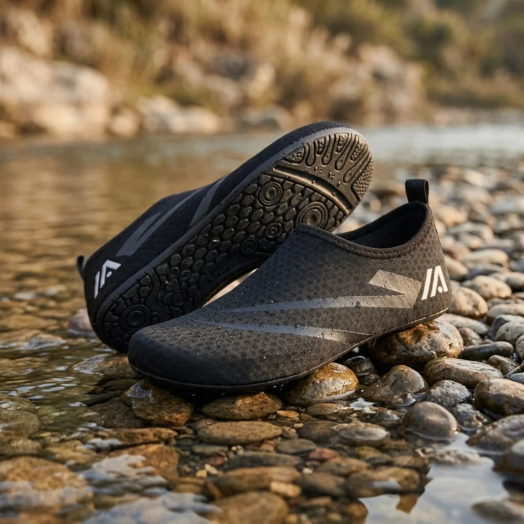 Alvidon SockFlex Schwarz – Wasserschuhe aus Mesh, auf nassen Flusssteinen am Wasser, Barfußschuhe für Damen und Herren