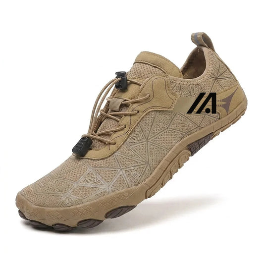 Alvidon StrandPur Beige – Strand- und Wasserschuhe, Seitenansicht mit gesticktem Alvidon-Logo, Barfußschuhe für Damen und Herren