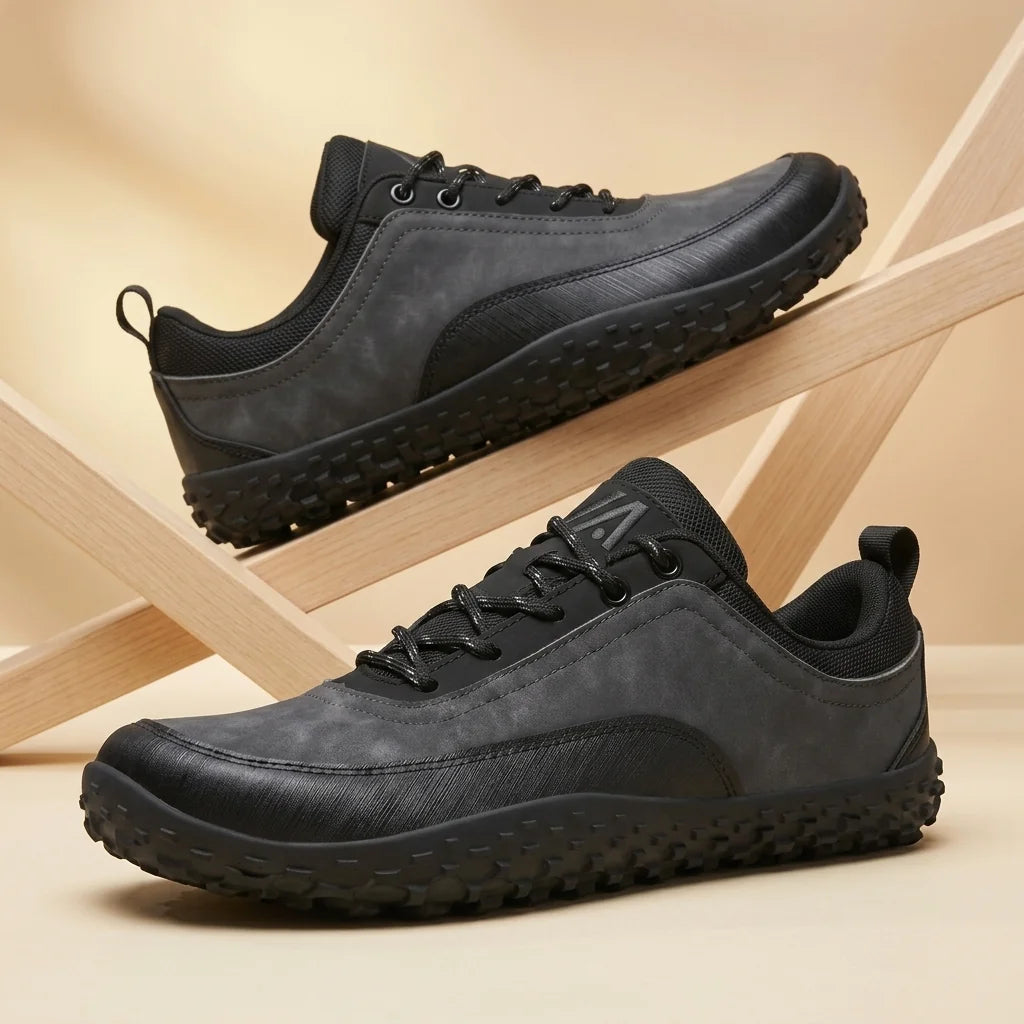 Alvidon TerraCuoio Grün – Barfußschuhe, Detailaufnahme des gestickten Alvidon-Logos, für Damen und Herren