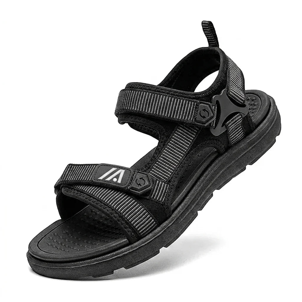 Alvidon TrailFlex Schwarz – Barfußsandalen, Seitenansicht im Studio, für Damen und Herren