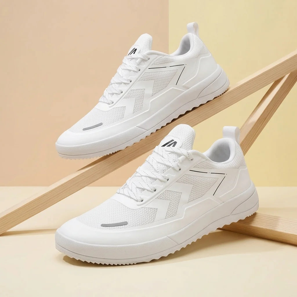 Alvidon VitaStep Weiß – Barfußschuhe, Detailaufnahme des gestickten Alvidon-Logos, für Damen und Herren